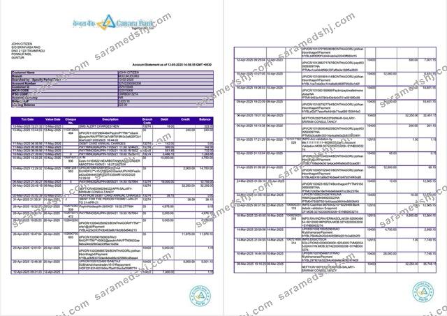 India Canara Bank account statement Word and PDF template, 2 pages